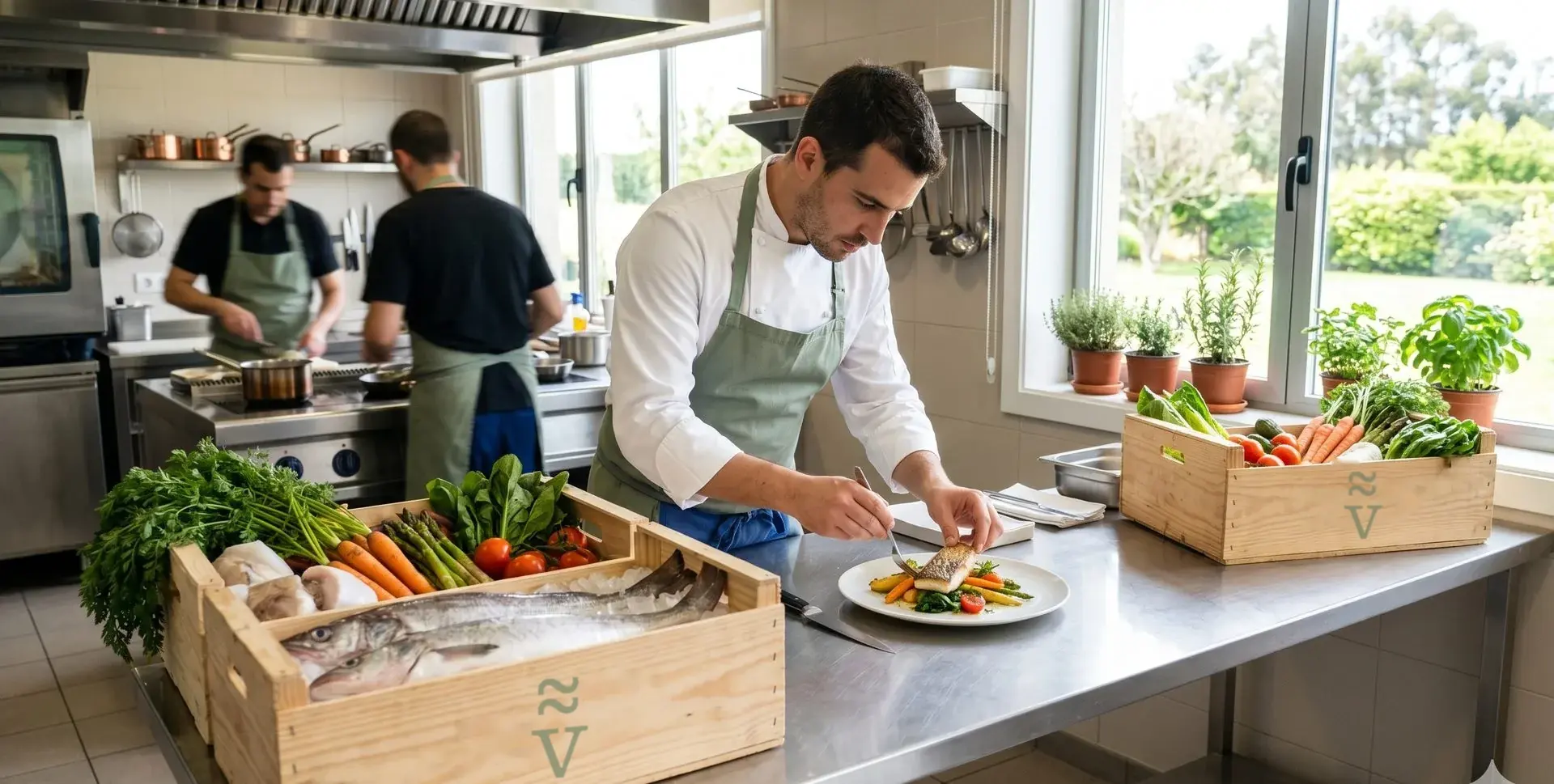 Un cocinero emplata verduras en una cocina profesional; a su lado, una caja de madera con pescado y hortalizas.