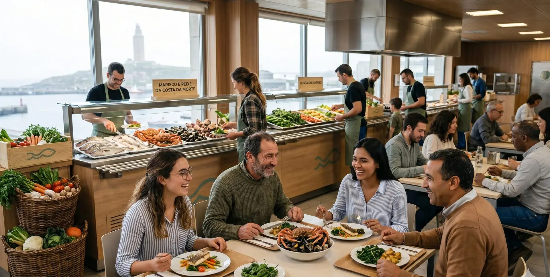 Un grupo de personas come y conversa en un comedor de empresa luminoso, con vistas al mar y una barra de platos preparados.