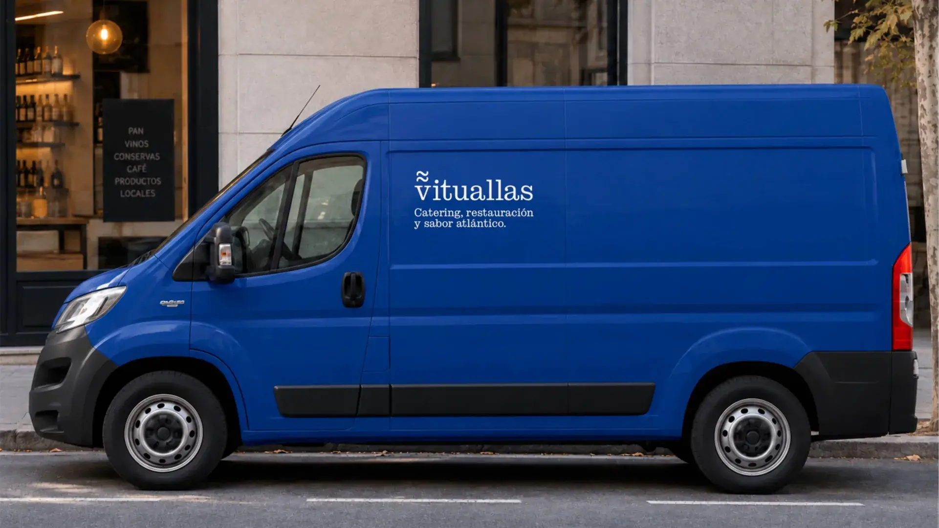 Furgoneta de reparto azul con el logotipo de Vituallas en el lateral.