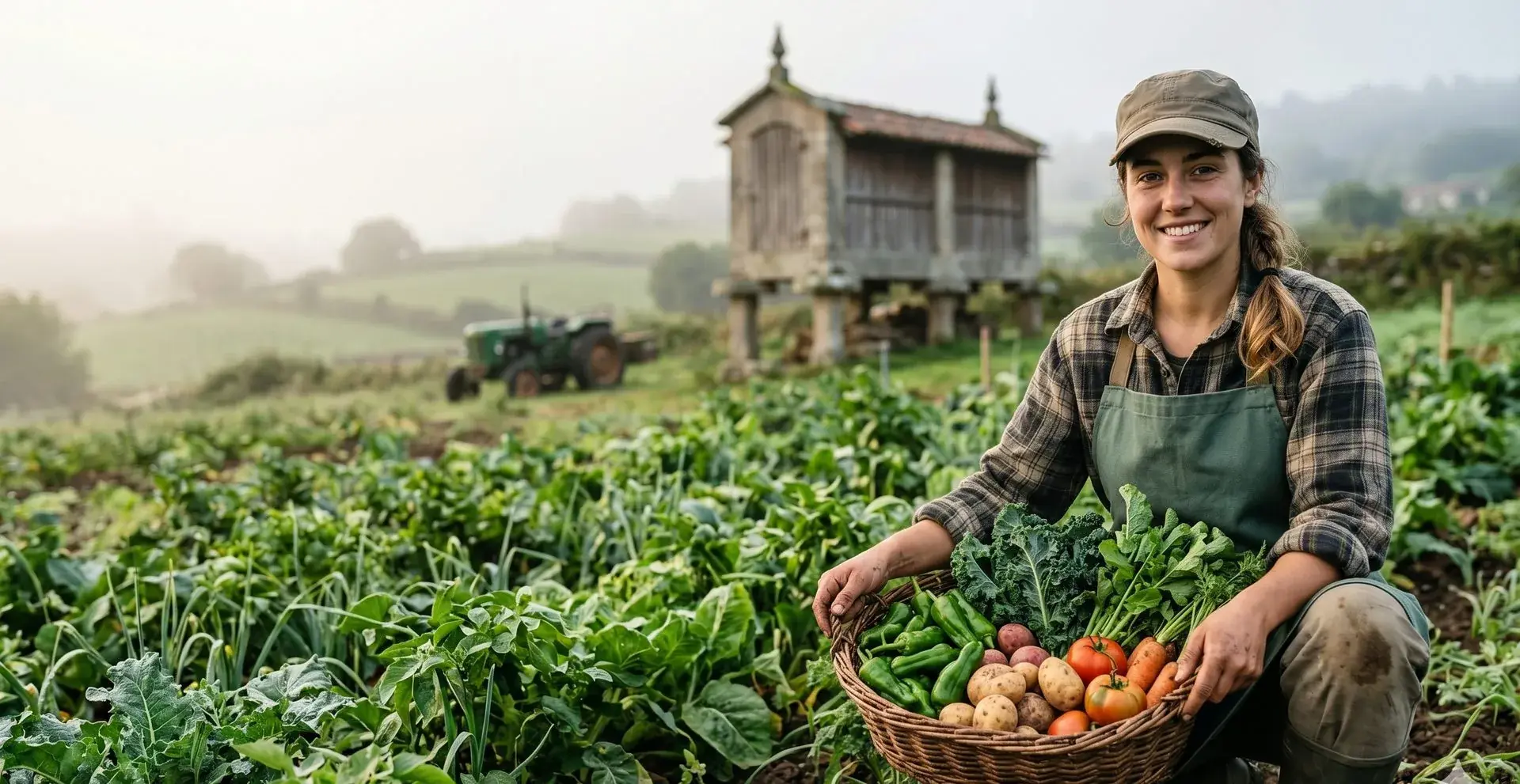 Una agricultora sonríe en su huerta con una cesta de hortalizas recién cogidas; al fondo, un hórreo.