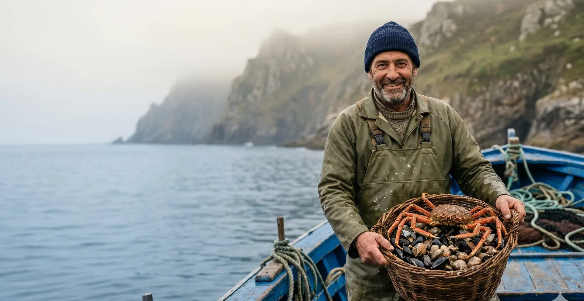 Un marinero sostiene una cesta con marisco en la cubierta de una barca, con los acantilados al fondo.