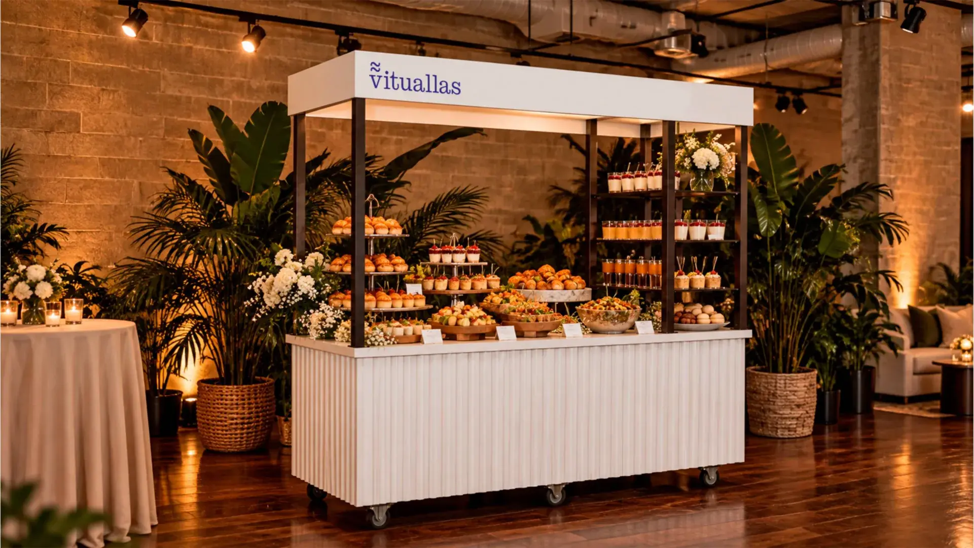Un puesto de catering con la marca Vituallas, con mesas y plantas en una sala de eventos.
